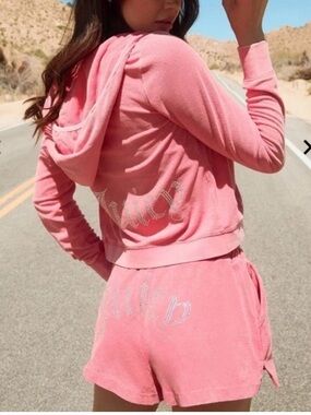 Juicy Couture Flamingo Pink Velour Tracksuit Hoodie & Shorts Set Rhinestone L